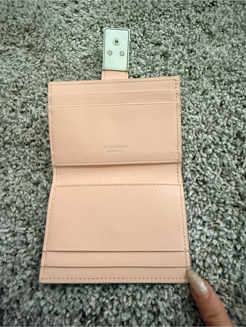 Salvatore Ferragamo Soft Pink Leather Hug Wallet with silver hardware